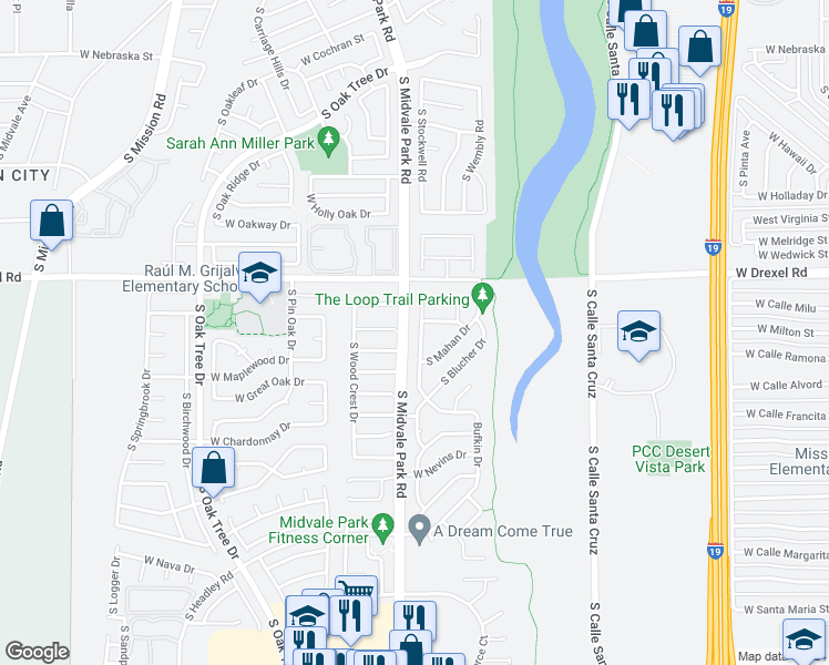 map of restaurants, bars, coffee shops, grocery stores, and more near 5800 South Hillerman Drive in Tucson