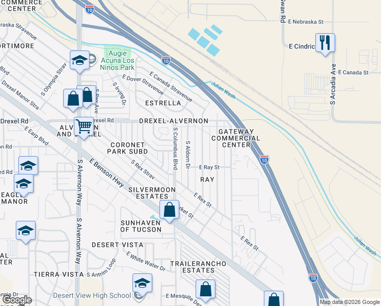 map of restaurants, bars, coffee shops, grocery stores, and more near 5811 South Aldorn Drive in Tucson