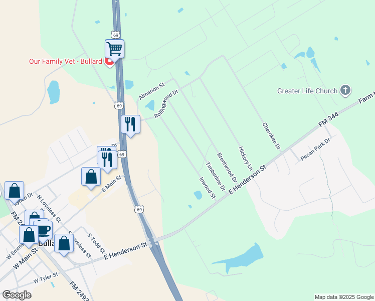 map of restaurants, bars, coffee shops, grocery stores, and more near 317 Inwood Dr in Bullard