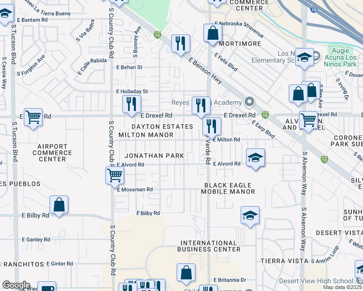 map of restaurants, bars, coffee shops, grocery stores, and more near 5805 South Emerson Place in Tucson