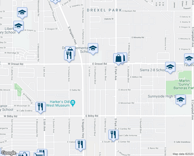 map of restaurants, bars, coffee shops, grocery stores, and more near 5803 South Southland Boulevard in Tucson