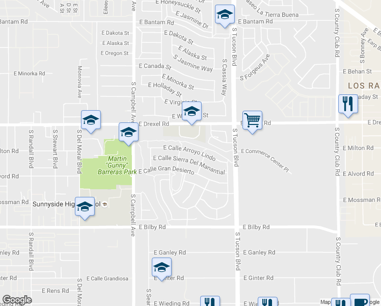 map of restaurants, bars, coffee shops, grocery stores, and more near 2232 East Calle Arroyo Lindo in Tucson