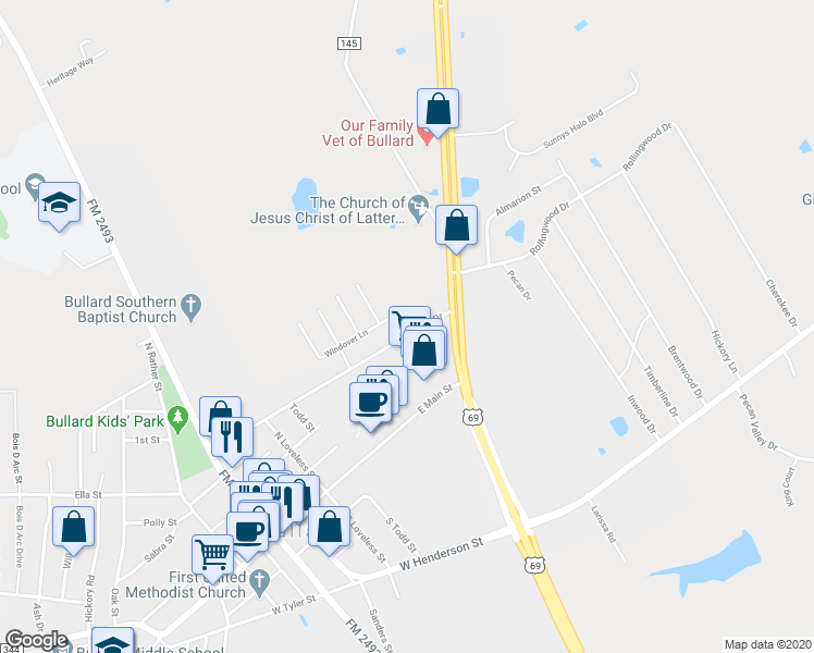 map of restaurants, bars, coffee shops, grocery stores, and more near 713 Lynch Drive in Bullard