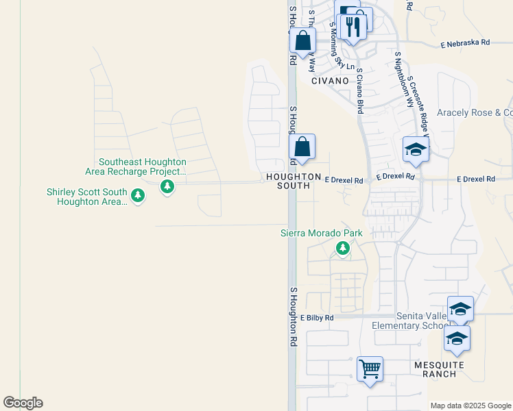 map of restaurants, bars, coffee shops, grocery stores, and more near Houghton Greenway in Tucson