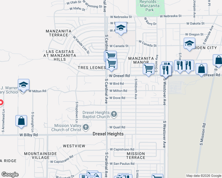 map of restaurants, bars, coffee shops, grocery stores, and more near 2872 West Milton Road in Tucson