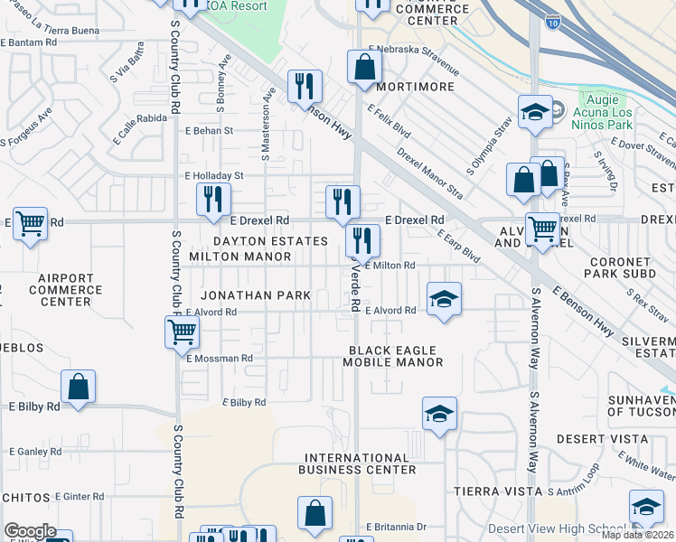 map of restaurants, bars, coffee shops, grocery stores, and more near 5807 South Jones Avenue in Tucson