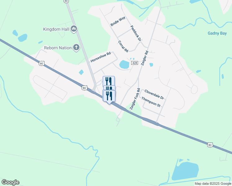 map of restaurants, bars, coffee shops, grocery stores, and more near 143 Zeigler Road in Bloomingdale
