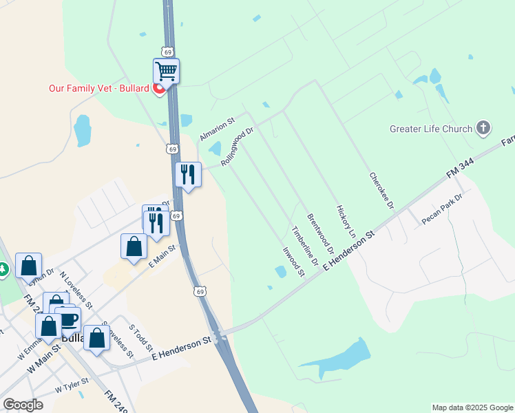 map of restaurants, bars, coffee shops, grocery stores, and more near 317 Inwood Dr in Bullard