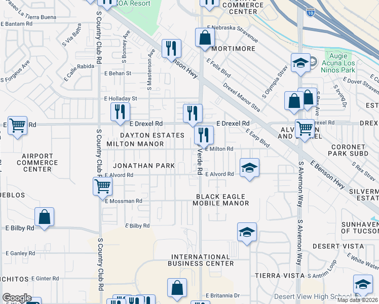 map of restaurants, bars, coffee shops, grocery stores, and more near 5807 South Jones Avenue in Tucson