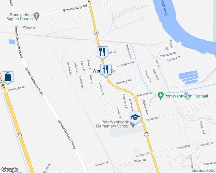 map of restaurants, bars, coffee shops, grocery stores, and more near 302 Birkenhead Rd in Savannah