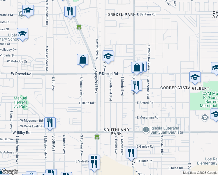 map of restaurants, bars, coffee shops, grocery stores, and more near 5803 South Southland Boulevard in Tucson