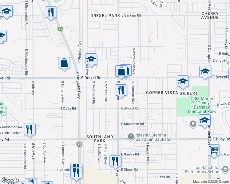 map of restaurants, bars, coffee shops, grocery stores, and more near 5810 South Park Avenue in Tucson