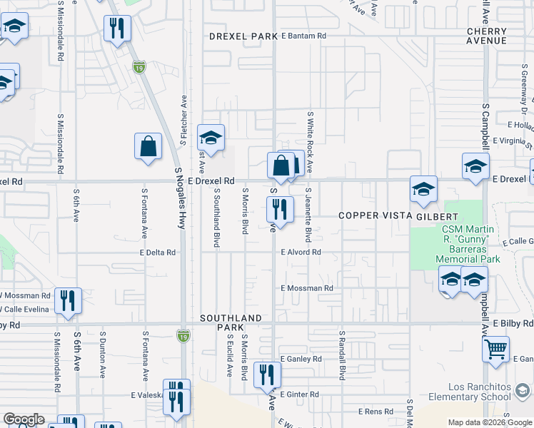 map of restaurants, bars, coffee shops, grocery stores, and more near 5810 South Park Avenue in Tucson