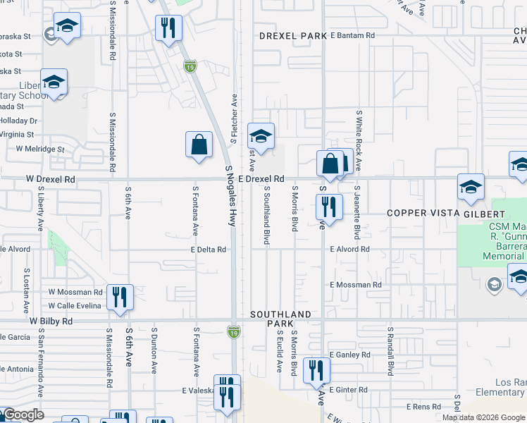 map of restaurants, bars, coffee shops, grocery stores, and more near 5803 South Southland Boulevard in Tucson