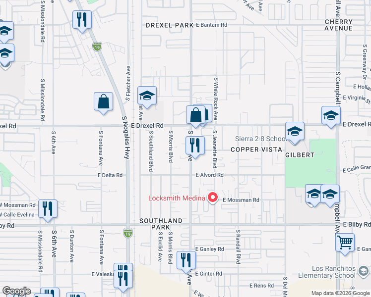 map of restaurants, bars, coffee shops, grocery stores, and more near 5794 South Park Avenue in Tucson