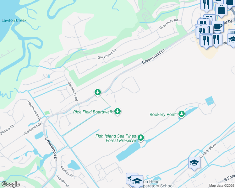 map of restaurants, bars, coffee shops, grocery stores, and more near 6 Shell Ring Road in Hilton Head Island