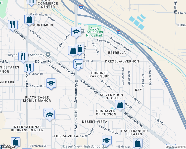 map of restaurants, bars, coffee shops, grocery stores, and more near 5758 South Rex Strav in Tucson