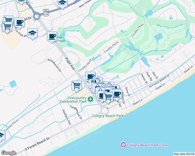 map of restaurants, bars, coffee shops, grocery stores, and more near 45 Waterside Drive in Hilton Head Island
