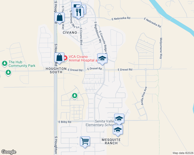 map of restaurants, bars, coffee shops, grocery stores, and more near 10615 East Native Rose Trail in Tucson