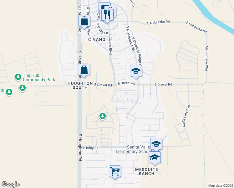 map of restaurants, bars, coffee shops, grocery stores, and more near 10541 East Native Rose Trail in Tucson