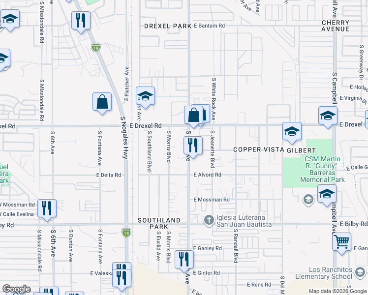 map of restaurants, bars, coffee shops, grocery stores, and more near 5810 South Park Avenue in Tucson
