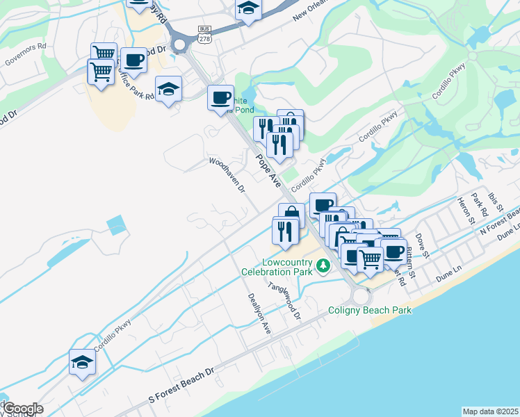 map of restaurants, bars, coffee shops, grocery stores, and more near 100 Woodhaven Drive in Hilton Head Island