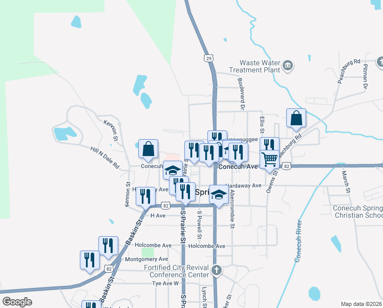 map of restaurants, bars, coffee shops, grocery stores, and more near 305 North Prairie Street in Union Springs
