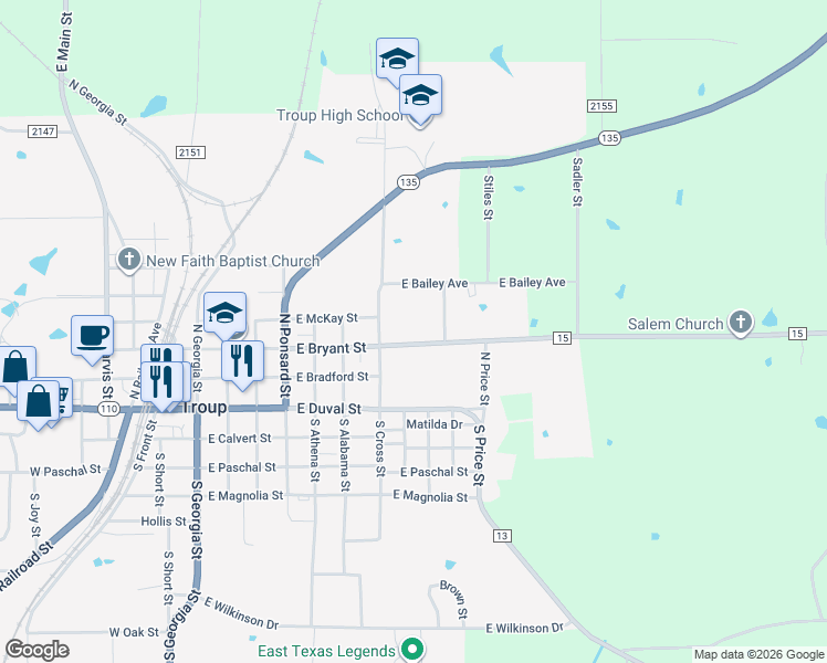 map of restaurants, bars, coffee shops, grocery stores, and more near 902 East Bryant Street in Troup