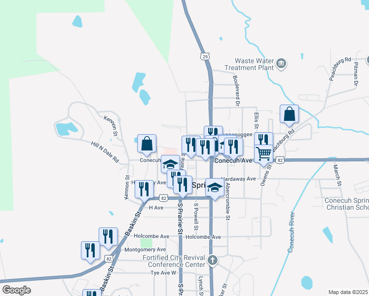 map of restaurants, bars, coffee shops, grocery stores, and more near North Prairie Street in Union Springs