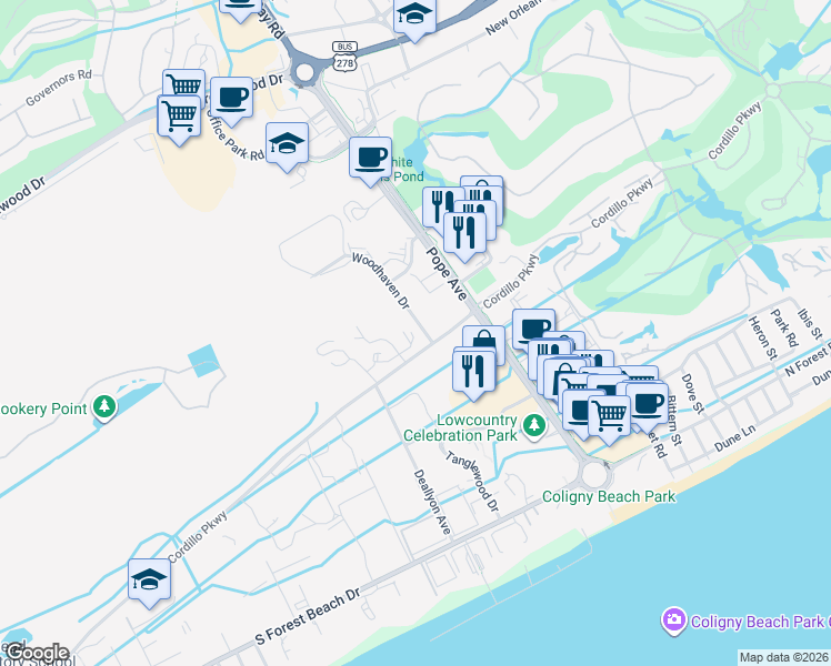map of restaurants, bars, coffee shops, grocery stores, and more near 104 Cordillo Parkway in Hilton Head Island