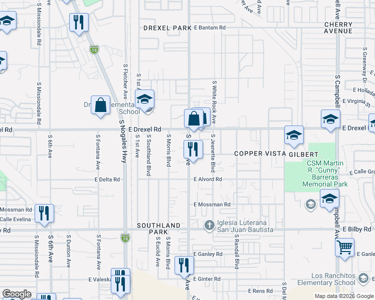 map of restaurants, bars, coffee shops, grocery stores, and more near 5810 South Park Avenue in Tucson