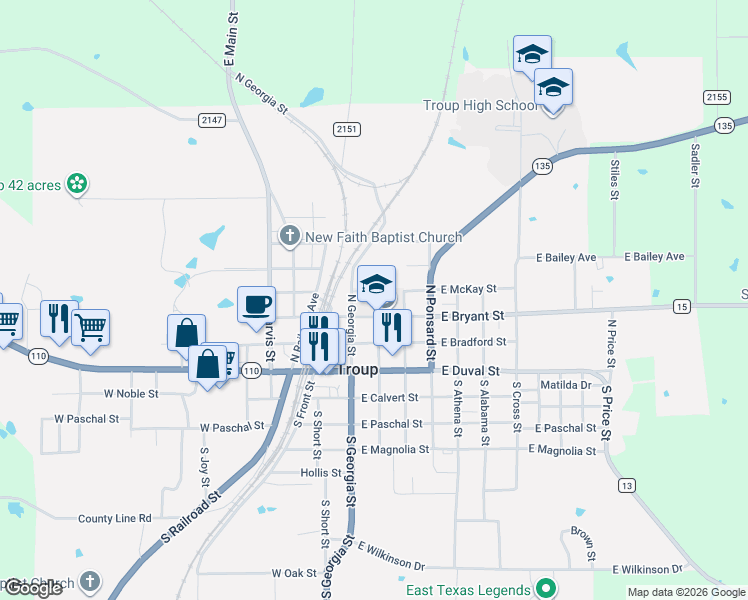 map of restaurants, bars, coffee shops, grocery stores, and more near 201 East Bryant Street in Troup
