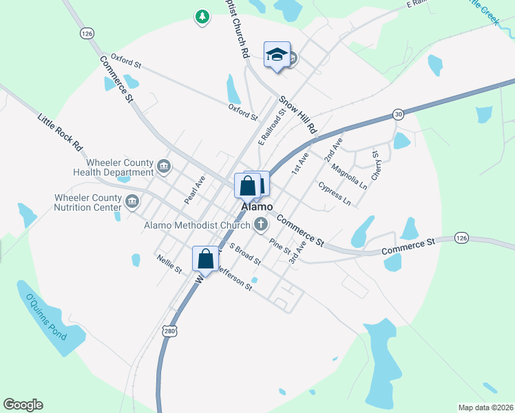 map of restaurants, bars, coffee shops, grocery stores, and more near in Alamo