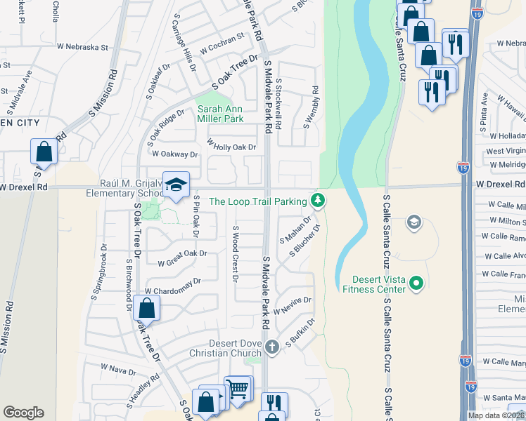 map of restaurants, bars, coffee shops, grocery stores, and more near 5800 South Hillerman Drive in Tucson