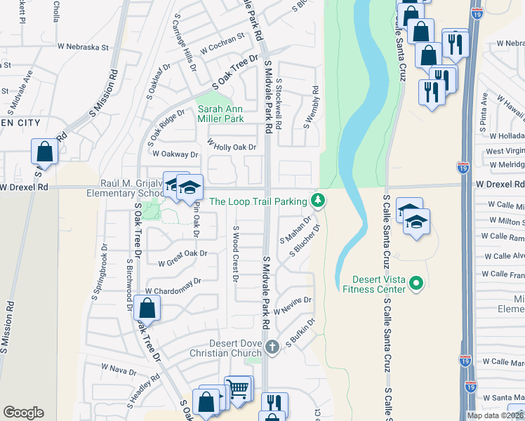 map of restaurants, bars, coffee shops, grocery stores, and more near 5800 South Hillerman Drive in Tucson