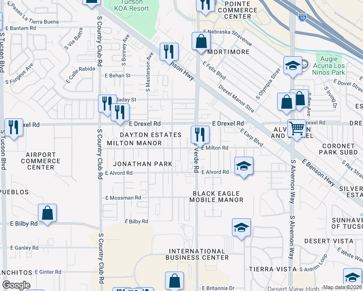 map of restaurants, bars, coffee shops, grocery stores, and more near 5807 South Jones Avenue in Tucson