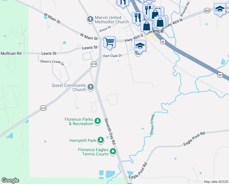 map of restaurants, bars, coffee shops, grocery stores, and more near 128 Village Villa Cir in Florence