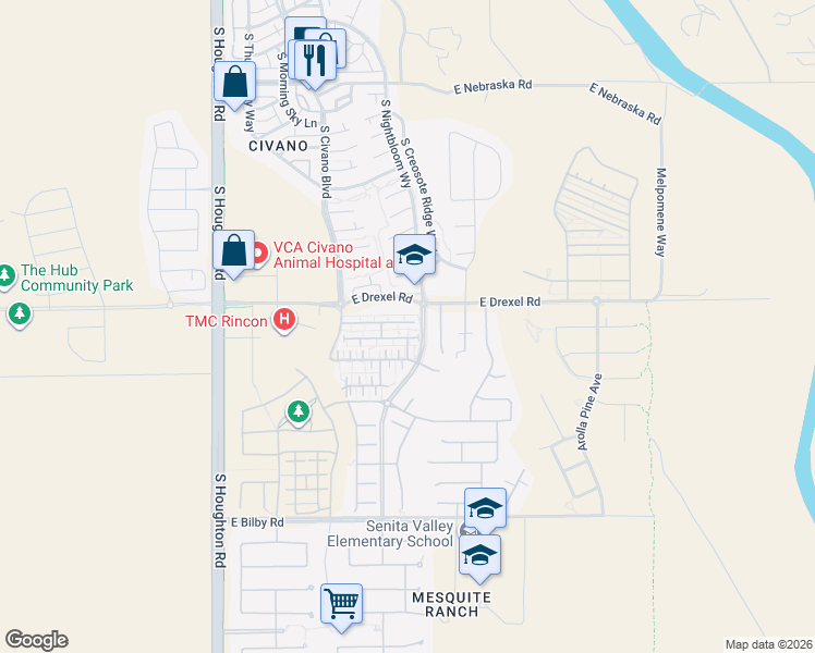 map of restaurants, bars, coffee shops, grocery stores, and more near 10656 East Singing Canyon Drive in Tucson