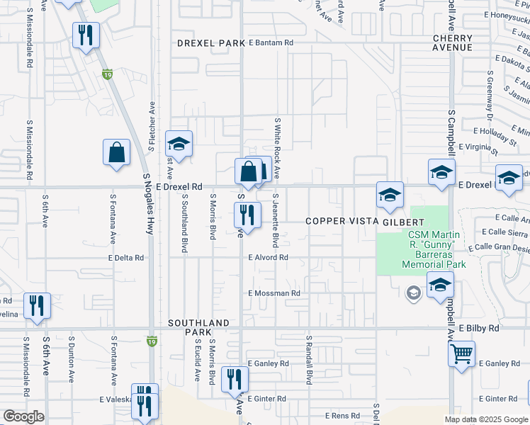 map of restaurants, bars, coffee shops, grocery stores, and more near 1020 East Drexel Road in Tucson