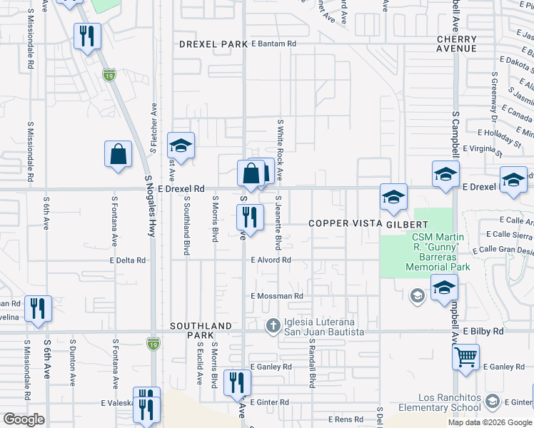 map of restaurants, bars, coffee shops, grocery stores, and more near 1020 East Drexel Road in Tucson