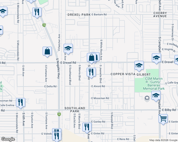 map of restaurants, bars, coffee shops, grocery stores, and more near in Tucson