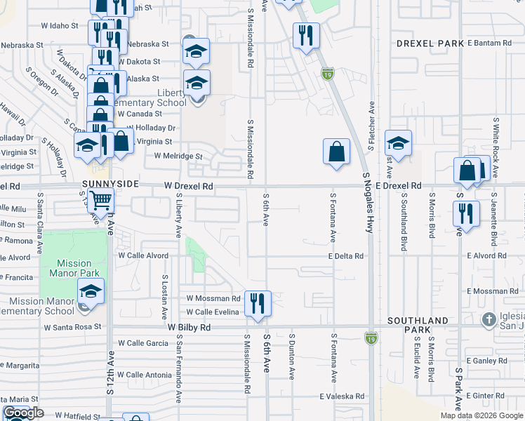 map of restaurants, bars, coffee shops, grocery stores, and more near 5714 South 6th Avenue in Tucson