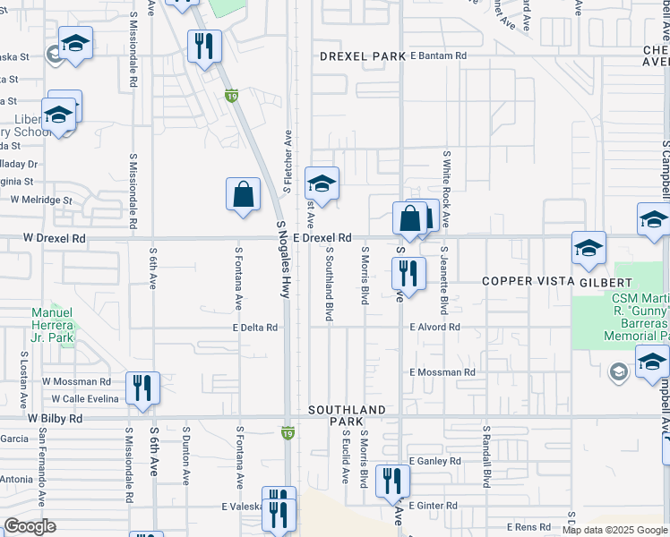 map of restaurants, bars, coffee shops, grocery stores, and more near 5717 South Southland Boulevard in Tucson