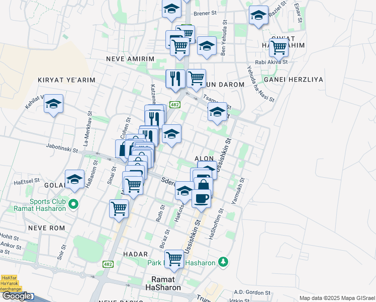 map of restaurants, bars, coffee shops, grocery stores, and more near in Ramat HaSharon