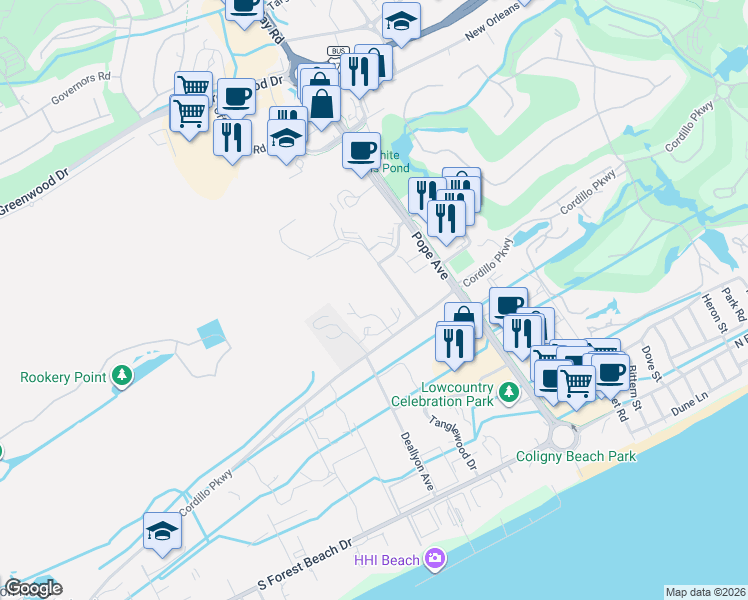 map of restaurants, bars, coffee shops, grocery stores, and more near 101 Woodhaven Drive in Hilton Head Island