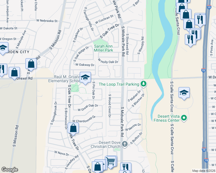 map of restaurants, bars, coffee shops, grocery stores, and more near 1700 West Pineriver Place in Tucson