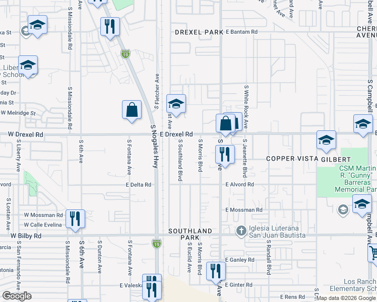 map of restaurants, bars, coffee shops, grocery stores, and more near 5717 South Southland Boulevard in Tucson