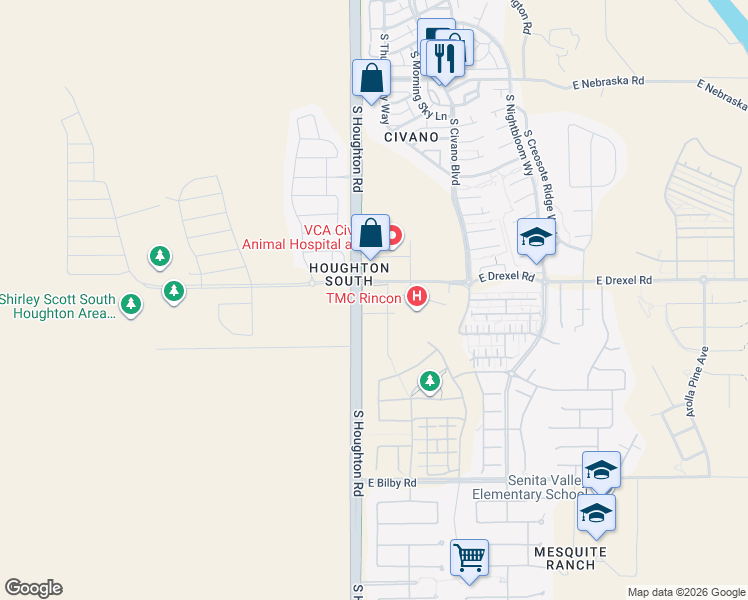 map of restaurants, bars, coffee shops, grocery stores, and more near 10360 East Drexel Road in Tucson