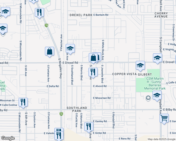 map of restaurants, bars, coffee shops, grocery stores, and more near in Tucson