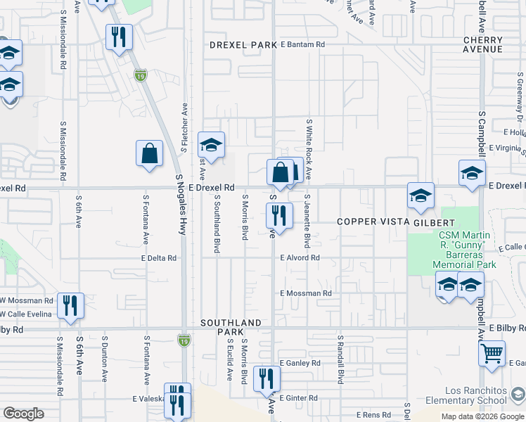 map of restaurants, bars, coffee shops, grocery stores, and more near in Tucson